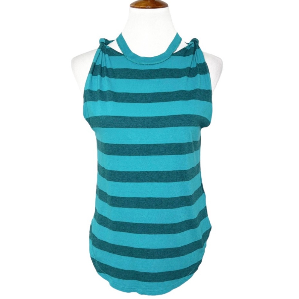 Free People Twist Knot Cutout Teal Blue Striped Sleeveless Crew Neck Tank Top XS